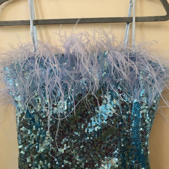 AUDREY ADELE BHLDN ANTHROPOLOGY BLUE SEQUIN DRESS WITH FEATHER TRIM MINI DRESS - Picture 4 of 12